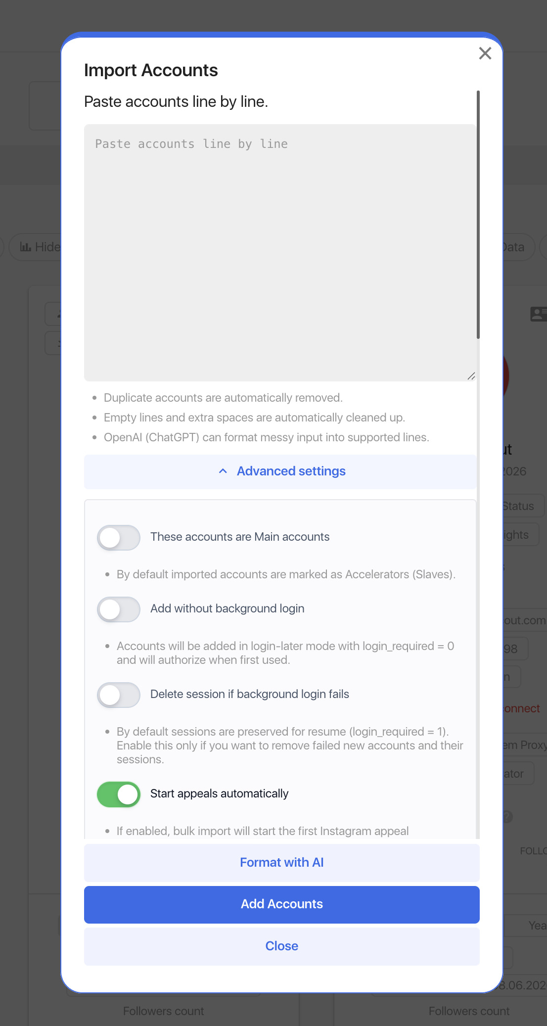 Import Accounts popup