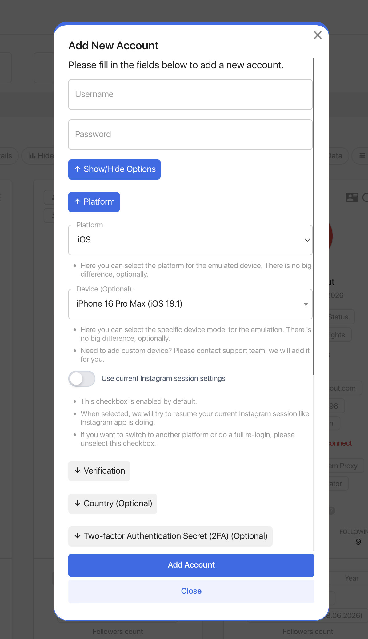 Add New Account popup