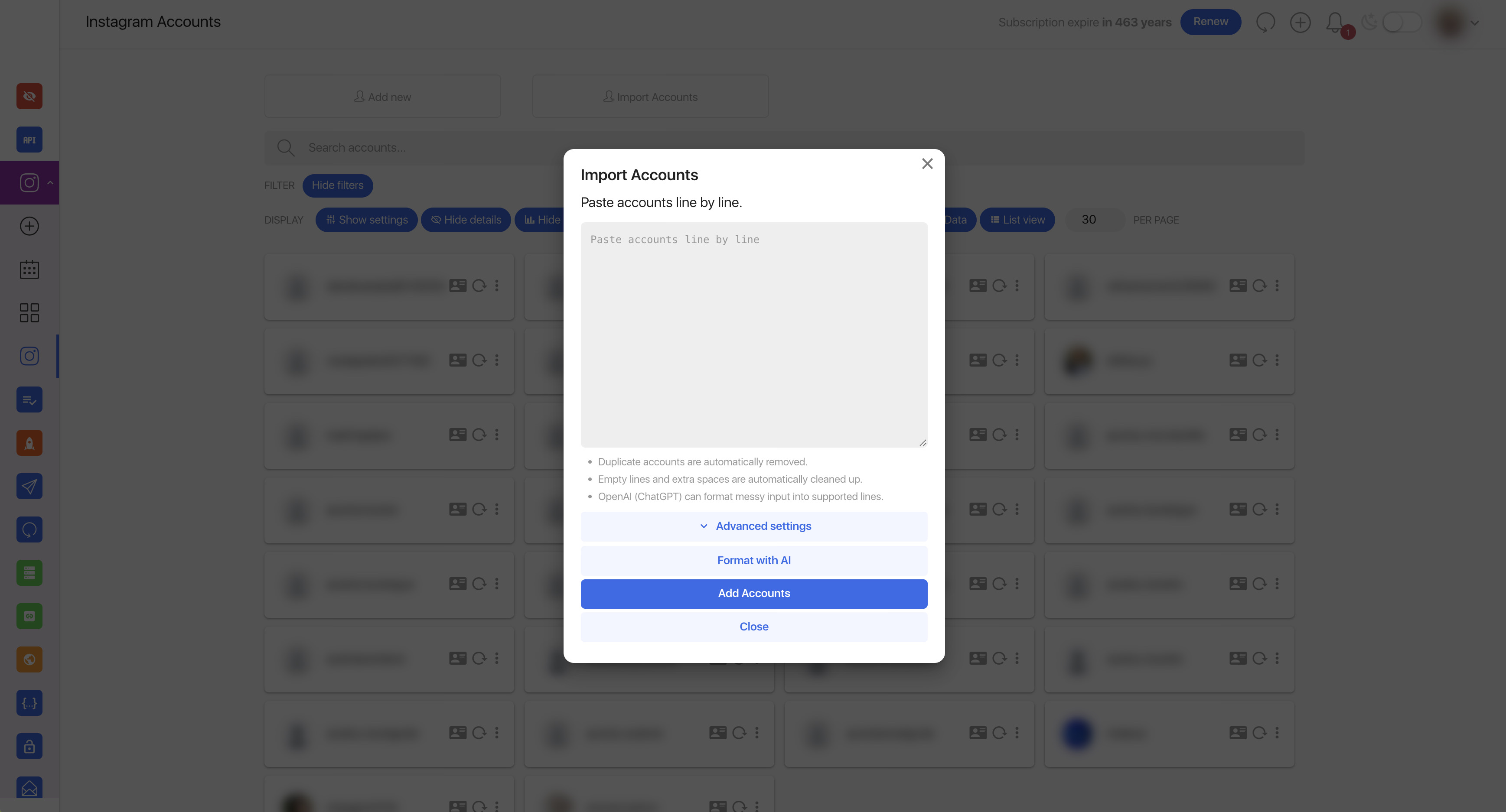 Bulk import popup