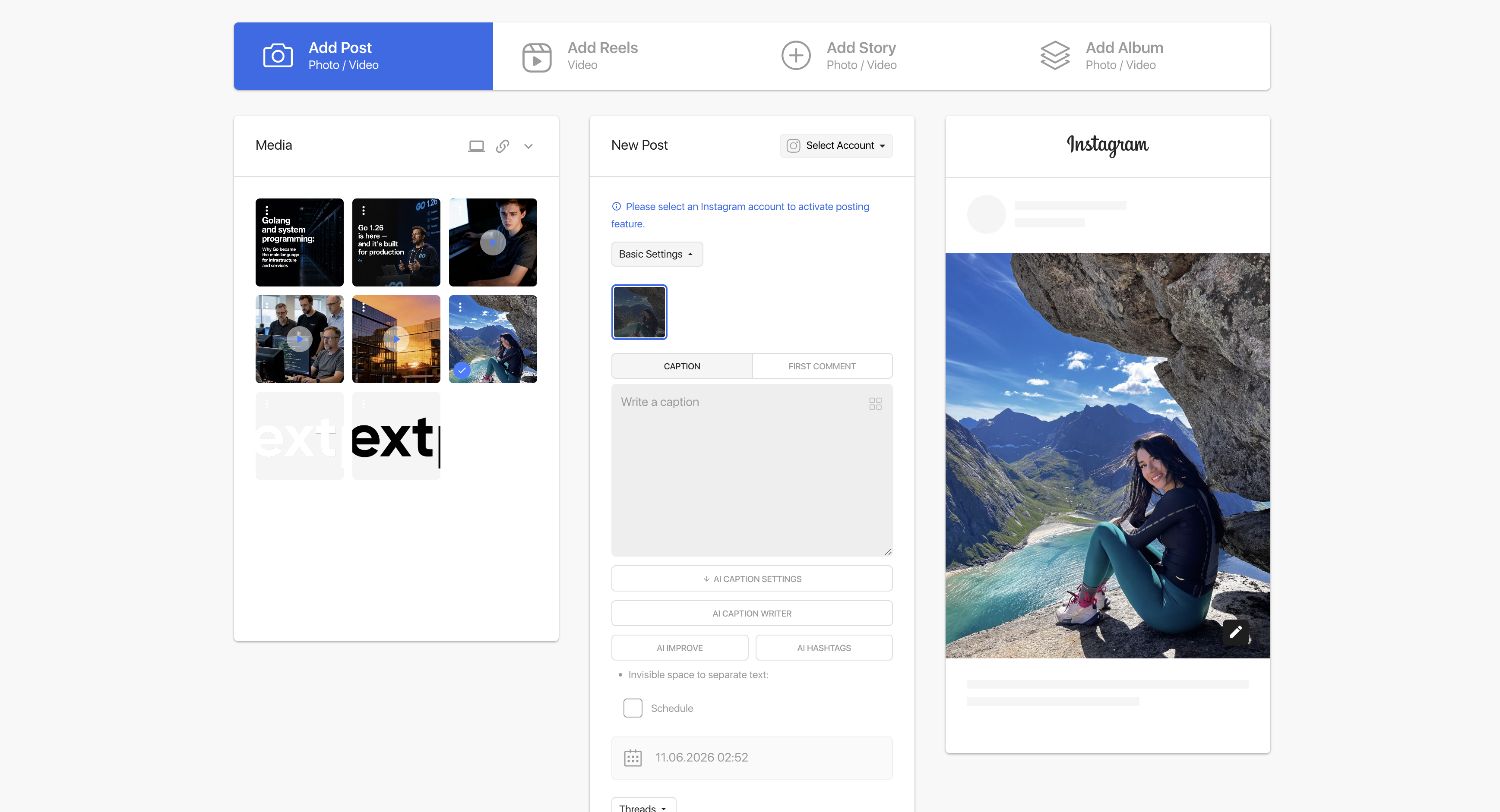 Post Now page for Scheduling Posts